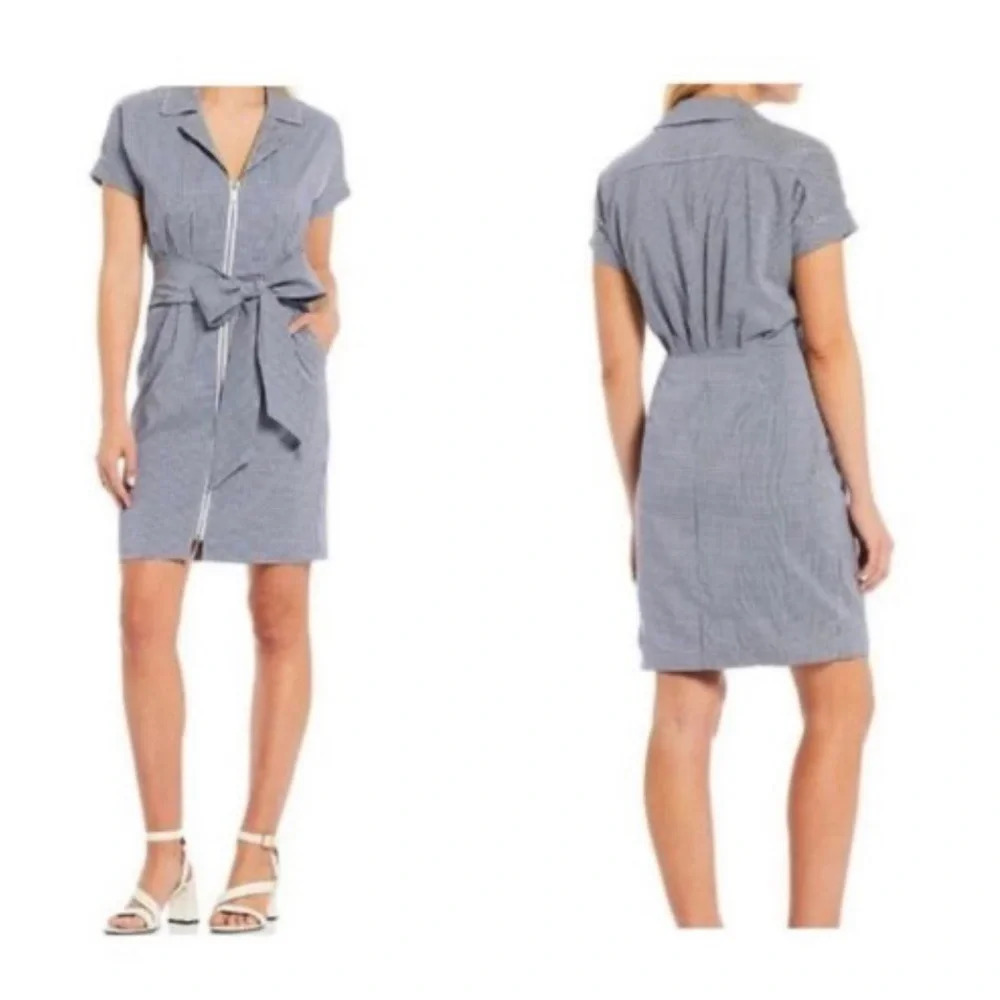 LDT White and Blue Checkered Gingham Print Zip Up Shirt Dress